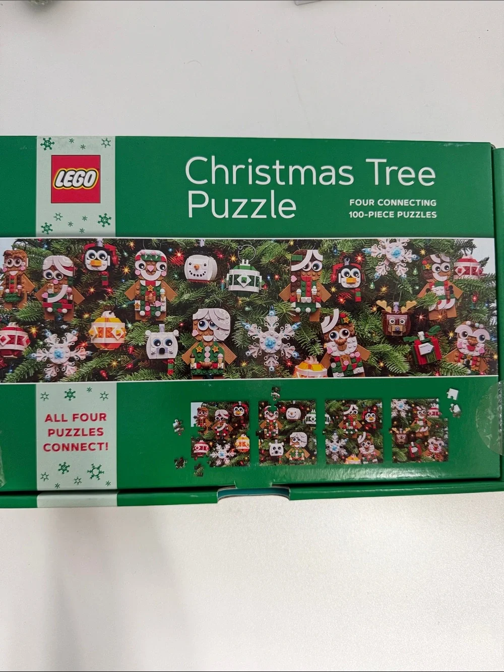 Lego Christmas Tree Puzzle - Green Box with Festive Minifigure Ornaments
